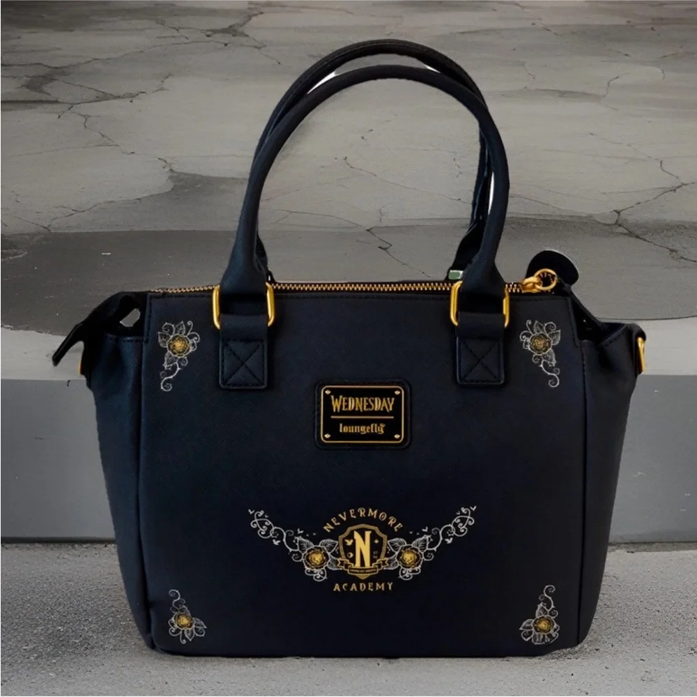 NEW Loungefly WEDNESDAY ADDAMS Typewriter Satchel Crossbody Bag Purse THING Tag - Picture 4 of 7